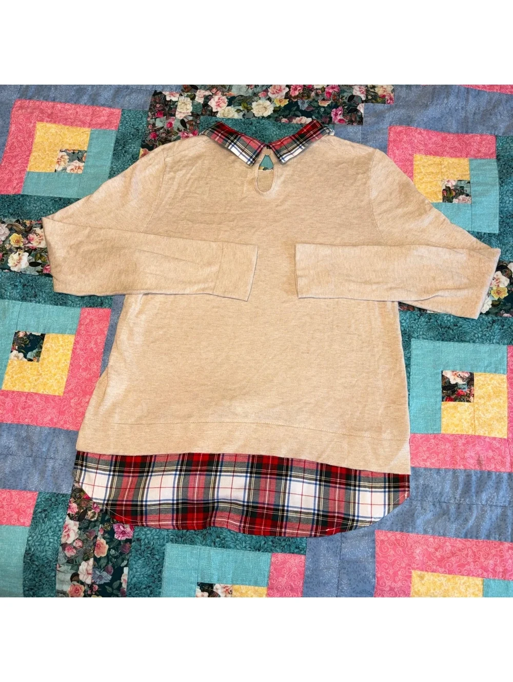 J.Crew Woman’s Small Beige Sweater with Red Plaid Collar and Hem Detail, Outdoor